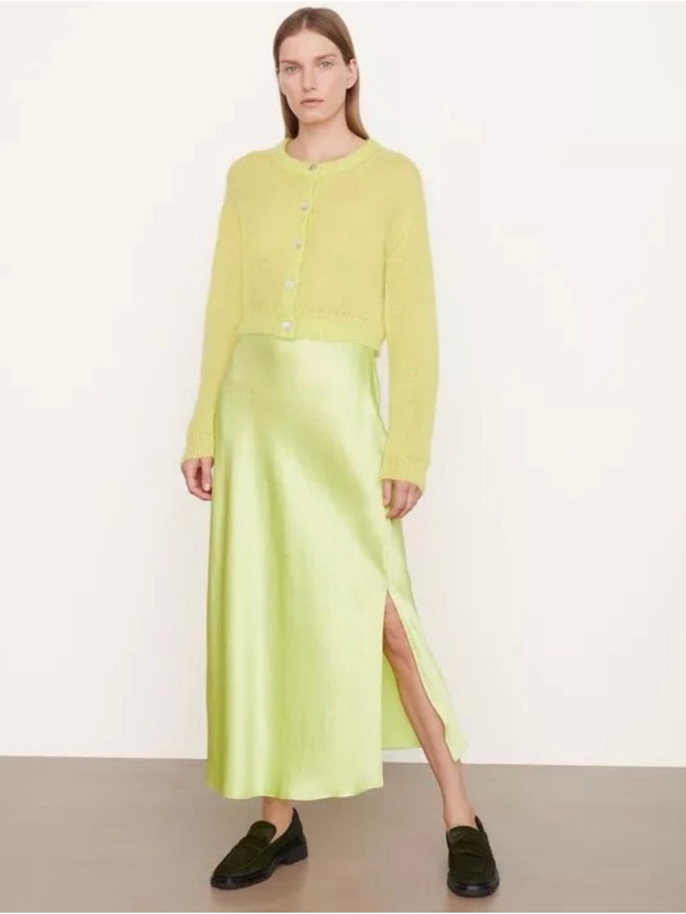 Vince Satin Side Slit Slip Skirt in Lime Green